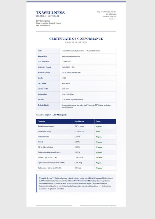 TS Wellness USP Grade Metilen Mavisi — Uygunluk Beyanı Lot 66DEA3D6