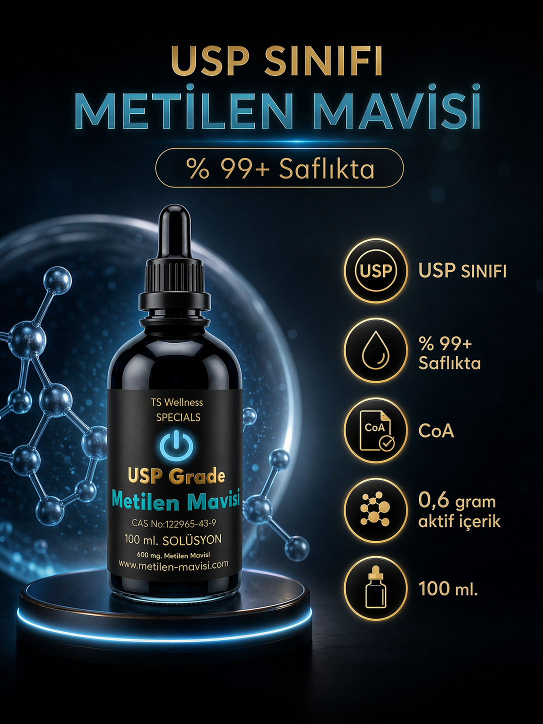Metilen Mavisi USP Grade 100 ml — %99+ Saflıkta, CoA Sertifikalı