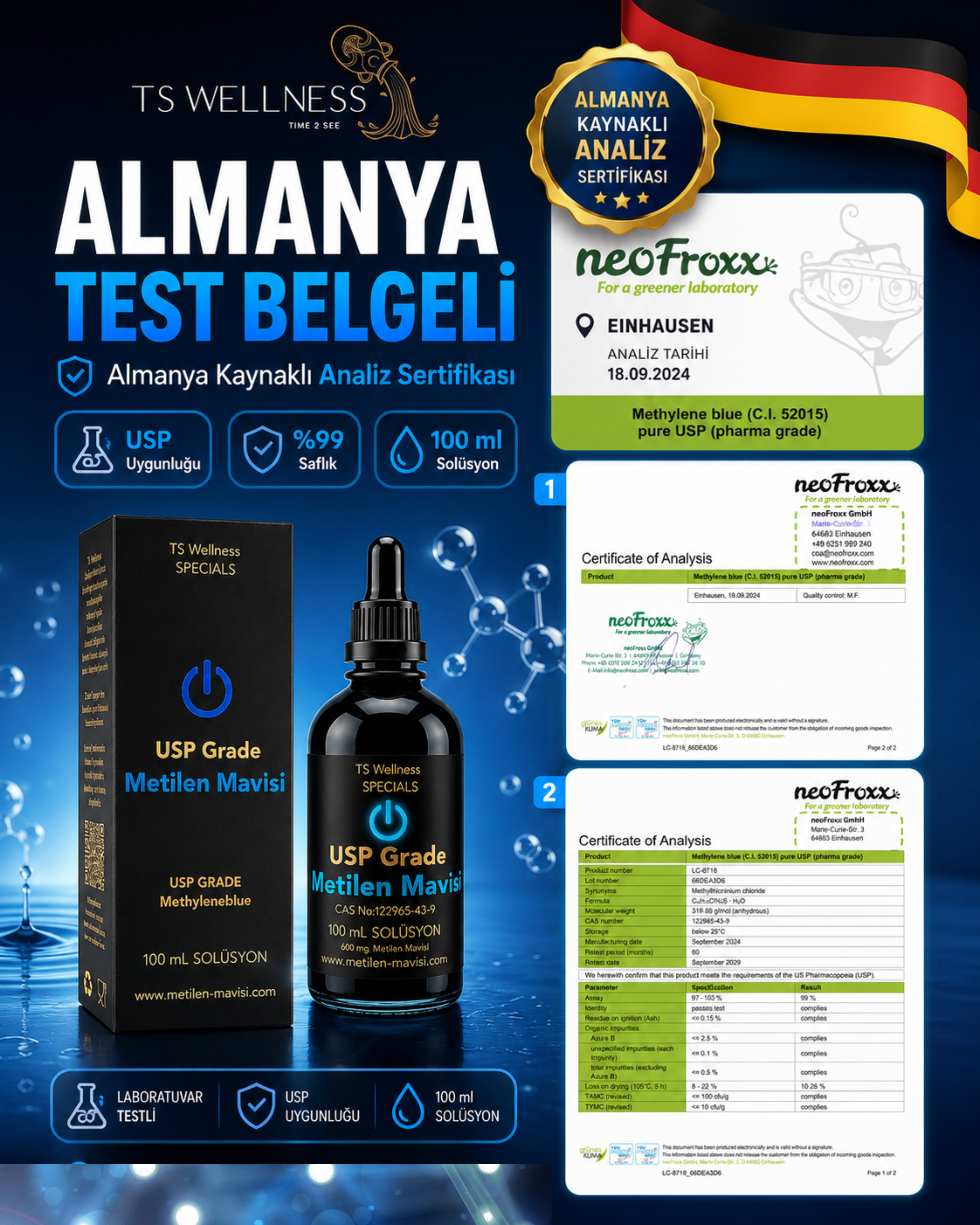 Metilen Mavisi USP Grade 100 ml — %99+ Saflıkta, CoA Sertifikalı
