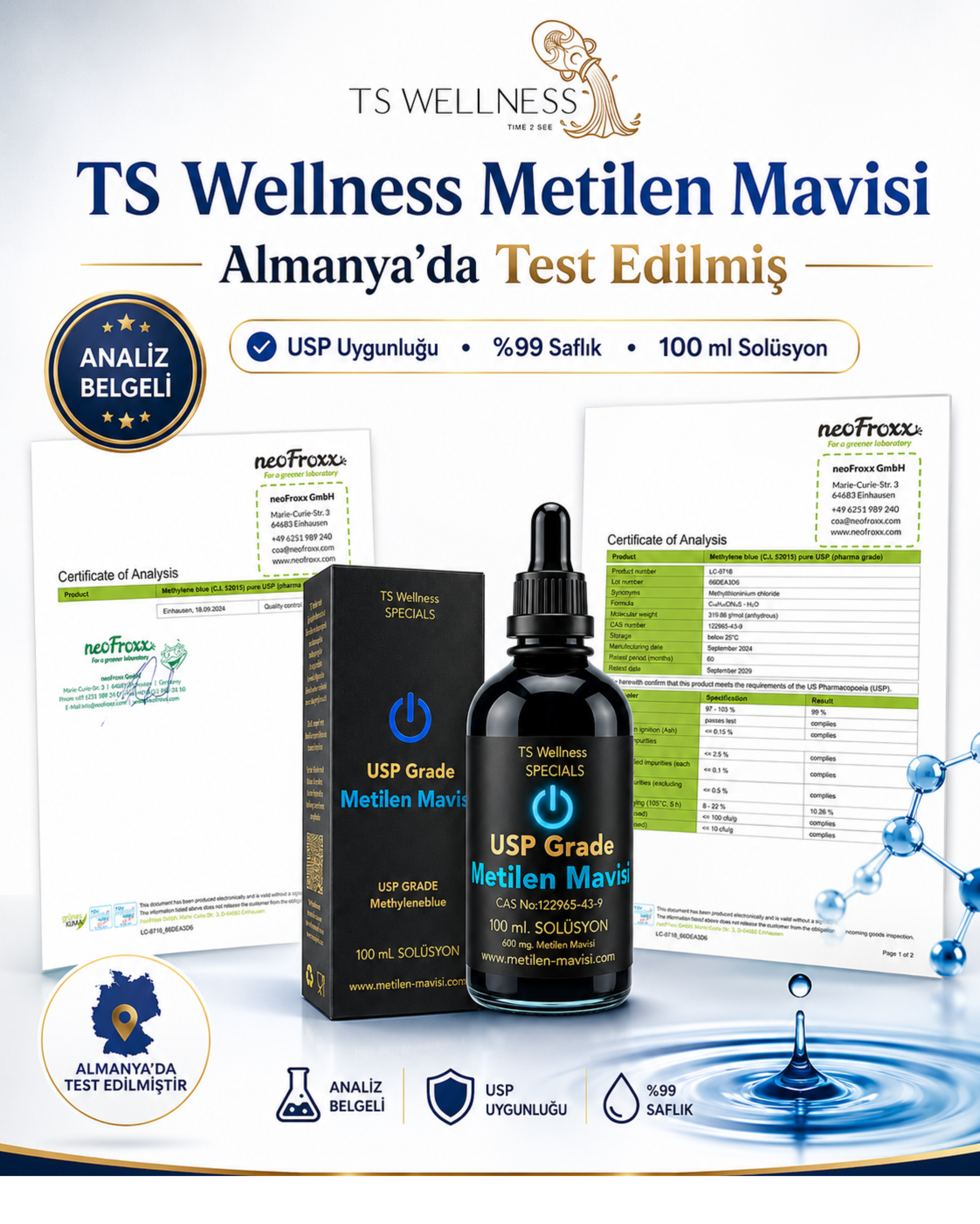 Metilen Mavisi USP Grade 100 ml — %99+ Saflıkta, CoA Sertifikalı